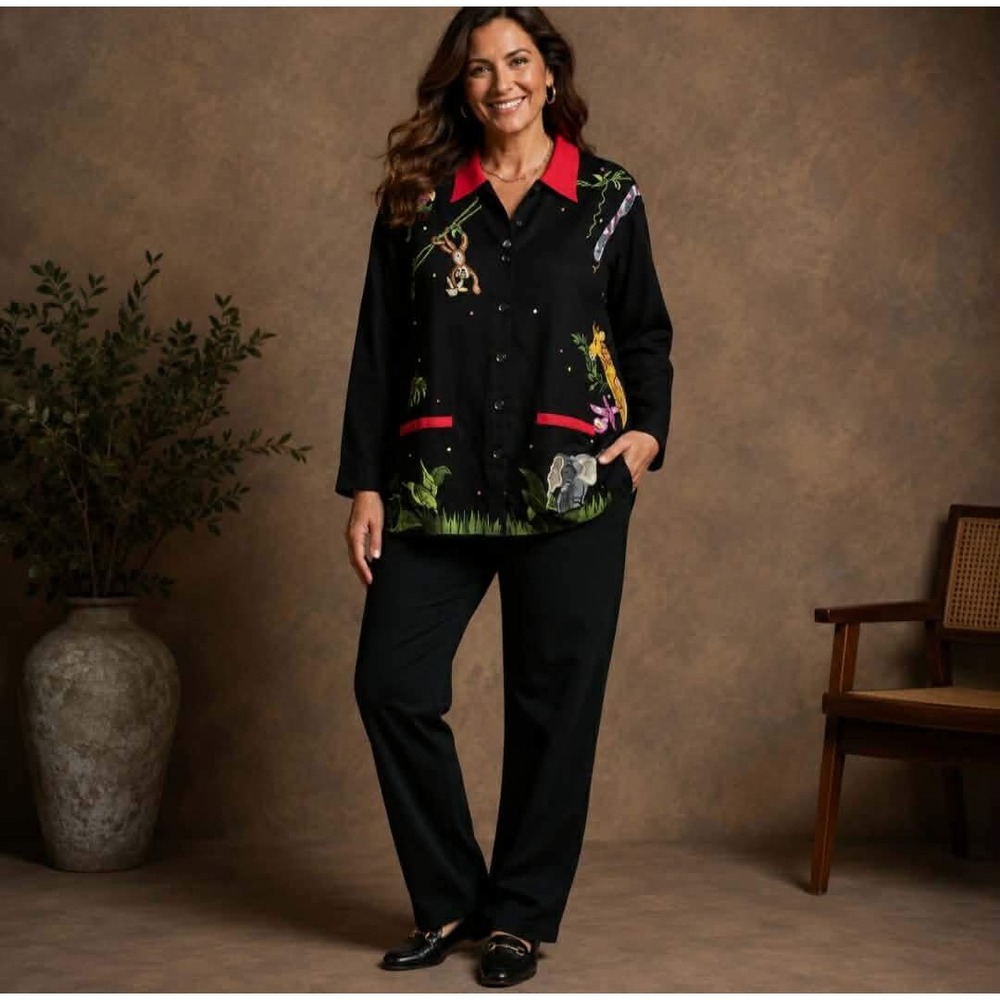 VTG Quacker Factory 3X Safari Animal Embroidered Button Front Jacket Shirt Black